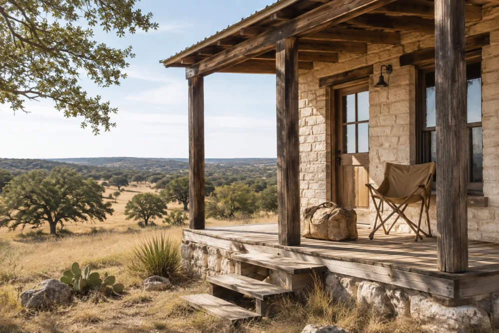 A sunlit cabin and outdoor gear in the Texas Hill Country